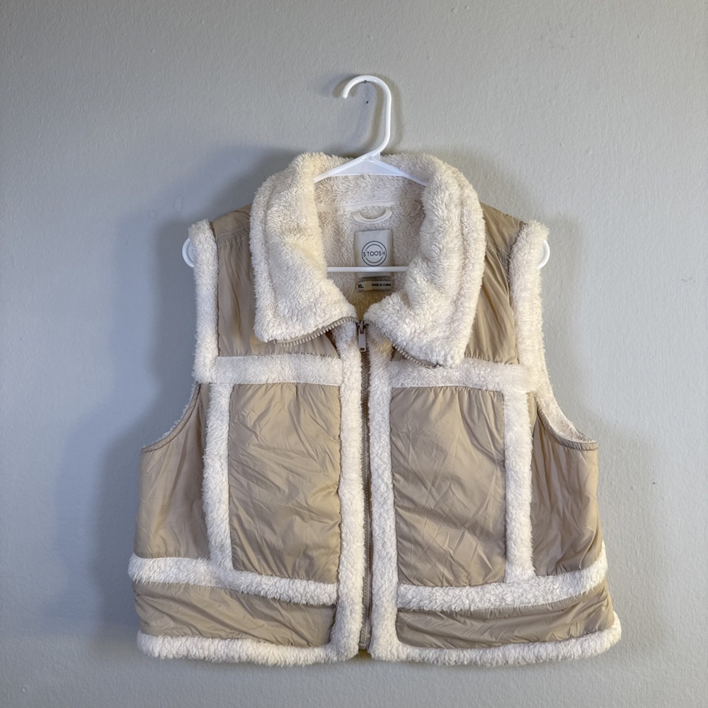 Stoosh Nylon Vest Faux Fur Trim Full Zip Collar Tan Women SZ Xl Pockets